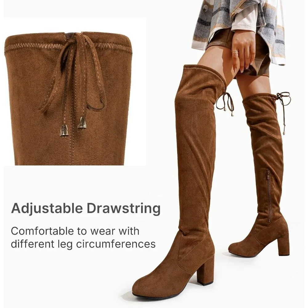 Women's Brown Suede Chunky Heels Zipper Over The Knee High Adjustable Boots